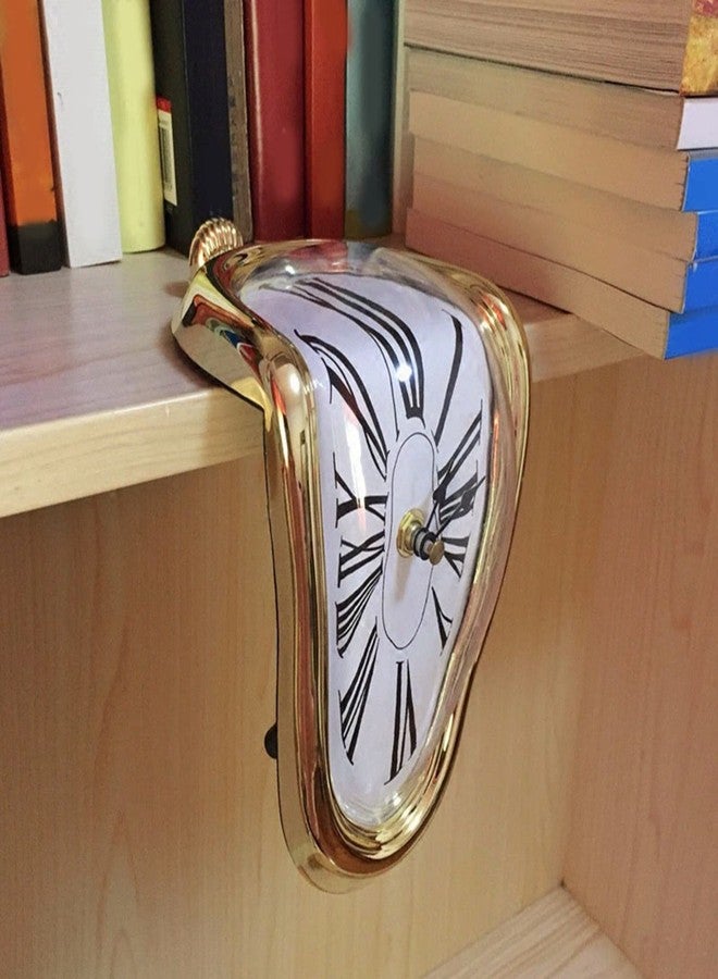 CHEOTIME Silent Melting Clock, Antique Retro Melted Clock Surrealism Dripping Clock, Funny Creative Gift Shelf Clock for Home Kitchen Office Desk Table (Gold) - Image 2